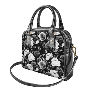 Black White Rose Floral Pattern Print Shoulder Handbag