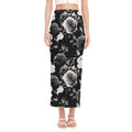 Black White Rose Floral Pattern Print Side Slit Maxi Skirt