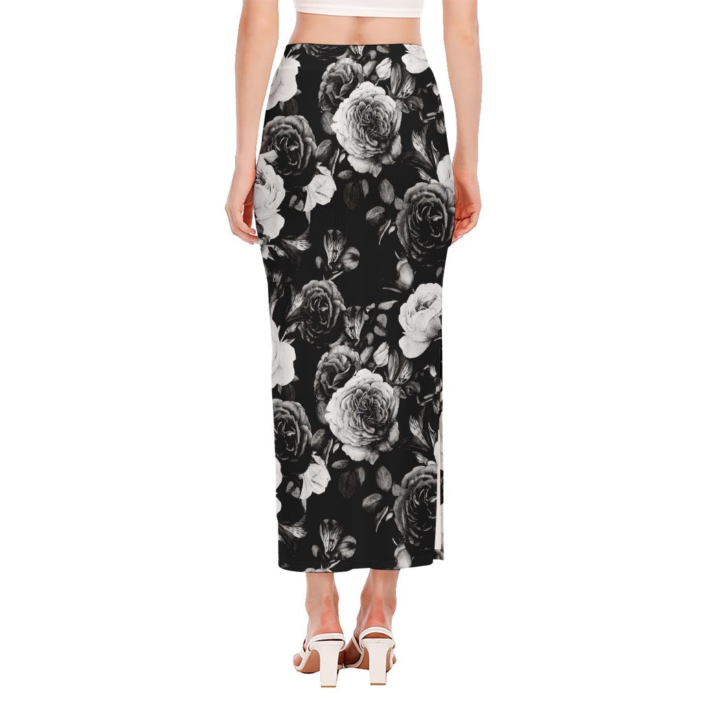 Black White Rose Floral Pattern Print Side Slit Maxi Skirt
