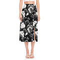 Black White Rose Floral Pattern Print Side Slit Midi Skirt