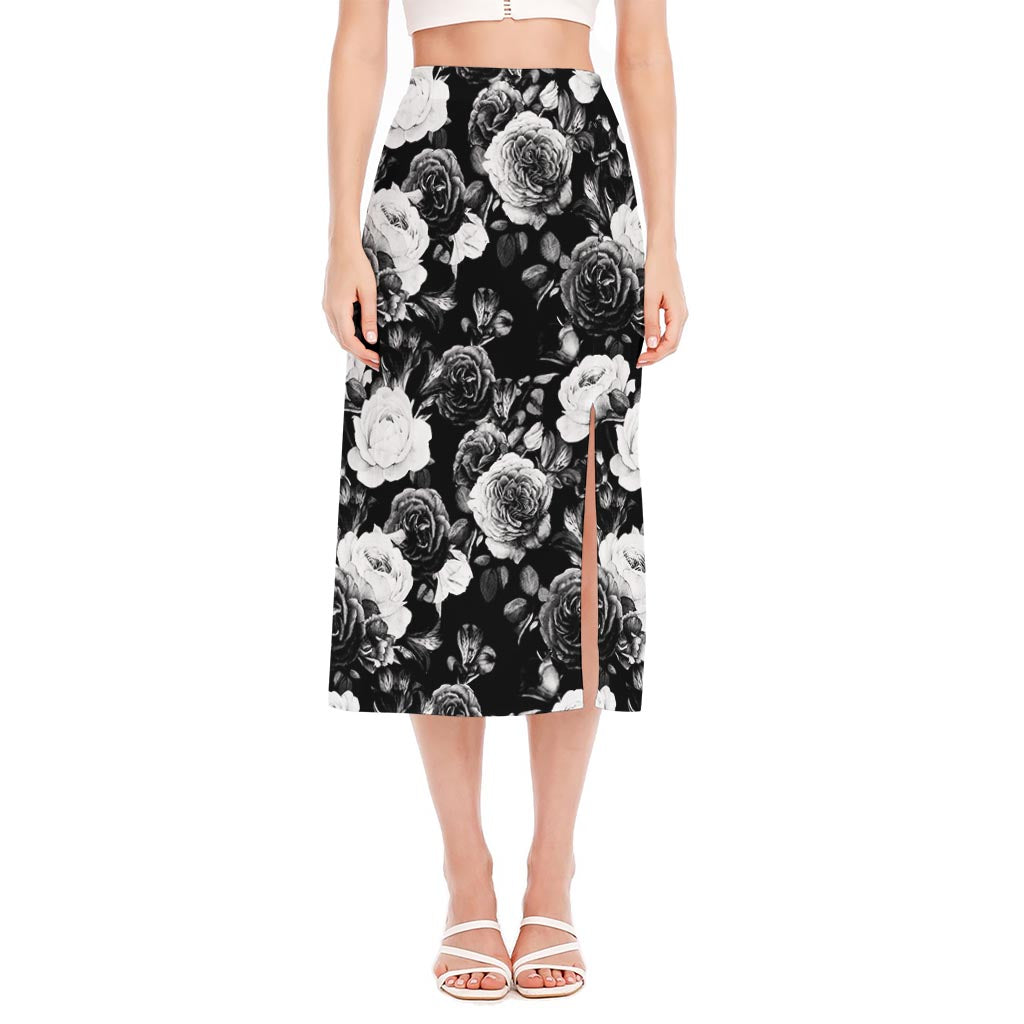 Black White Rose Floral Pattern Print Side Slit Midi Skirt
