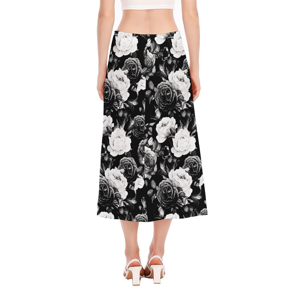 Black White Rose Floral Pattern Print Side Slit Midi Skirt