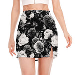 Black White Rose Floral Pattern Print Side Slit Mini Skirt