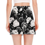 Black White Rose Floral Pattern Print Side Slit Mini Skirt