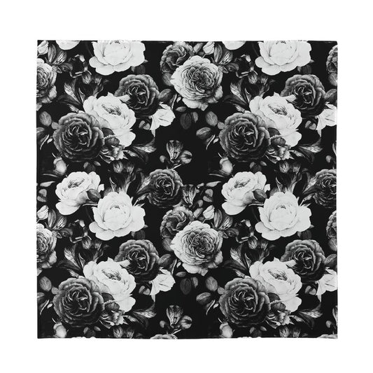 Black White Rose Floral Pattern Print Silk Bandana
