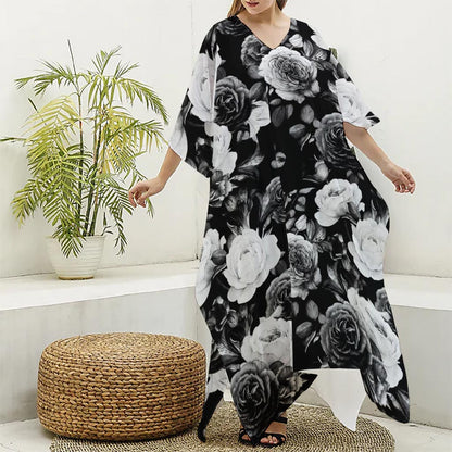Black White Rose Floral Pattern Print Silk V-Neck Kaftan Dress