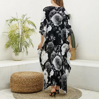 Black White Rose Floral Pattern Print Silk V-Neck Kaftan Dress