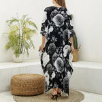 Black White Rose Floral Pattern Print Silk V-Neck Kaftan Dress