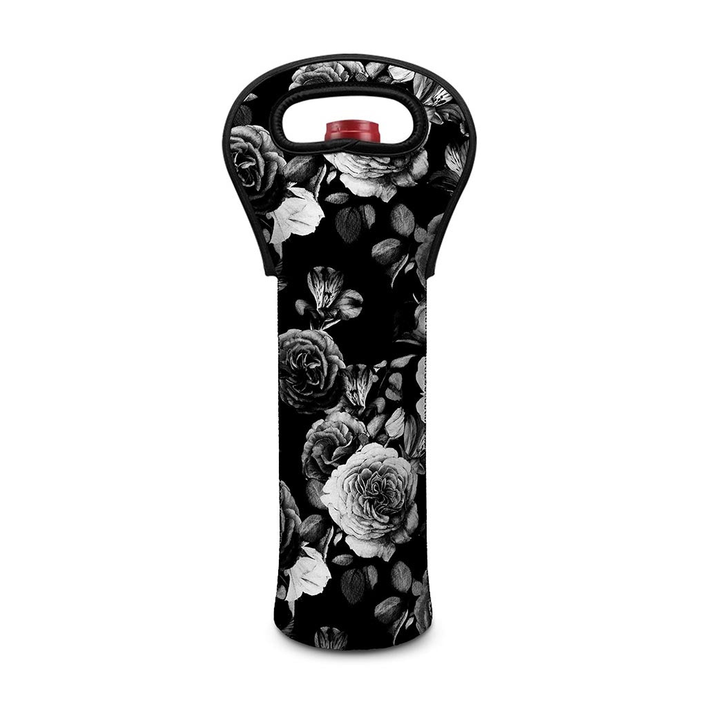 Black White Rose Floral Pattern Print Single Neoprene Wine Tote