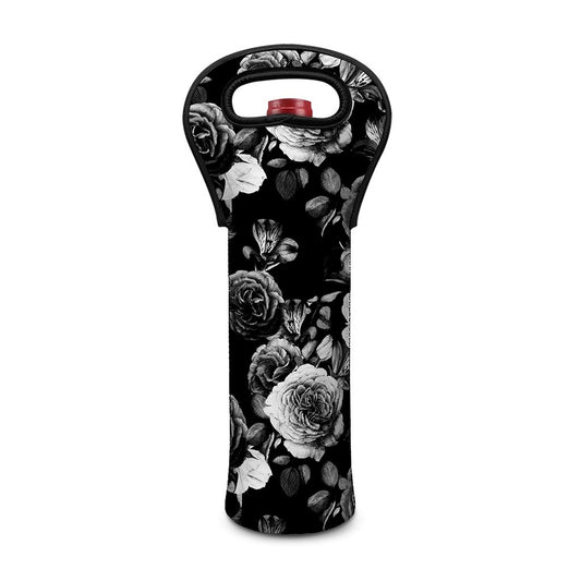 Black White Rose Floral Pattern Print Single Neoprene Wine Tote