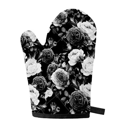 Black White Rose Floral Pattern Print Single Oven Mitt