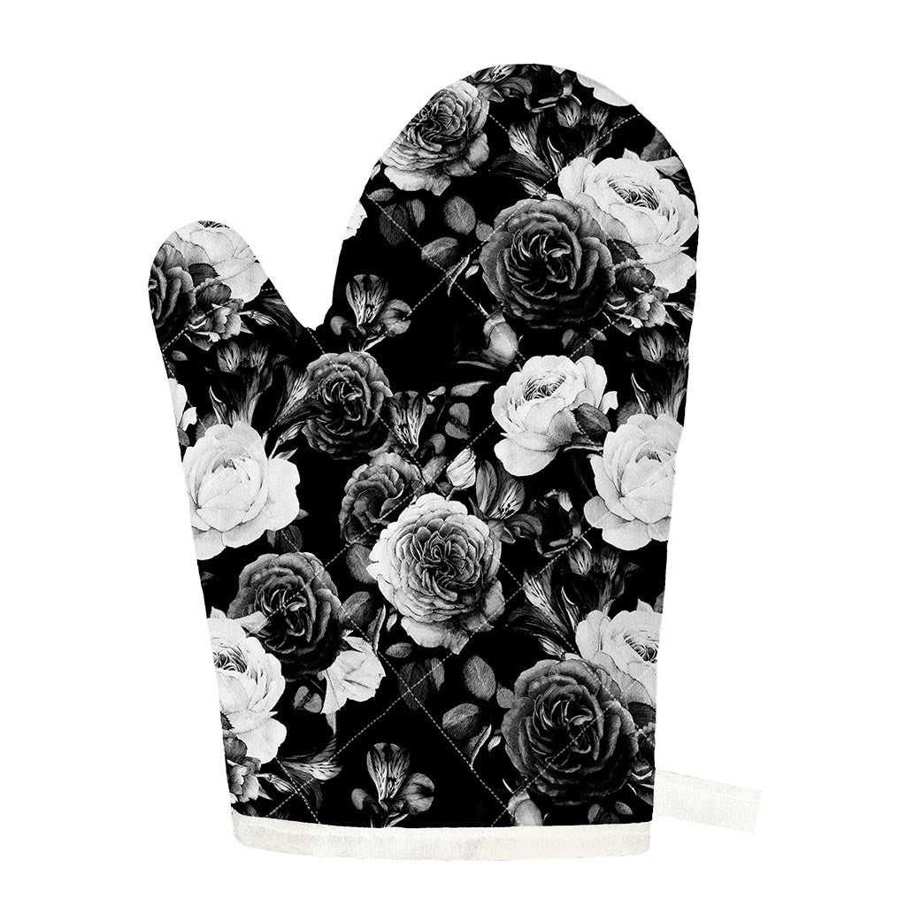 Black White Rose Floral Pattern Print Single Oven Mitt