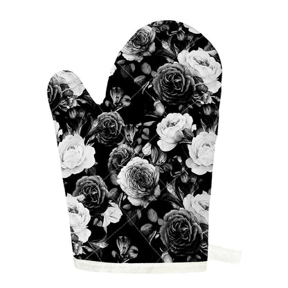 Black White Rose Floral Pattern Print Single Oven Mitt