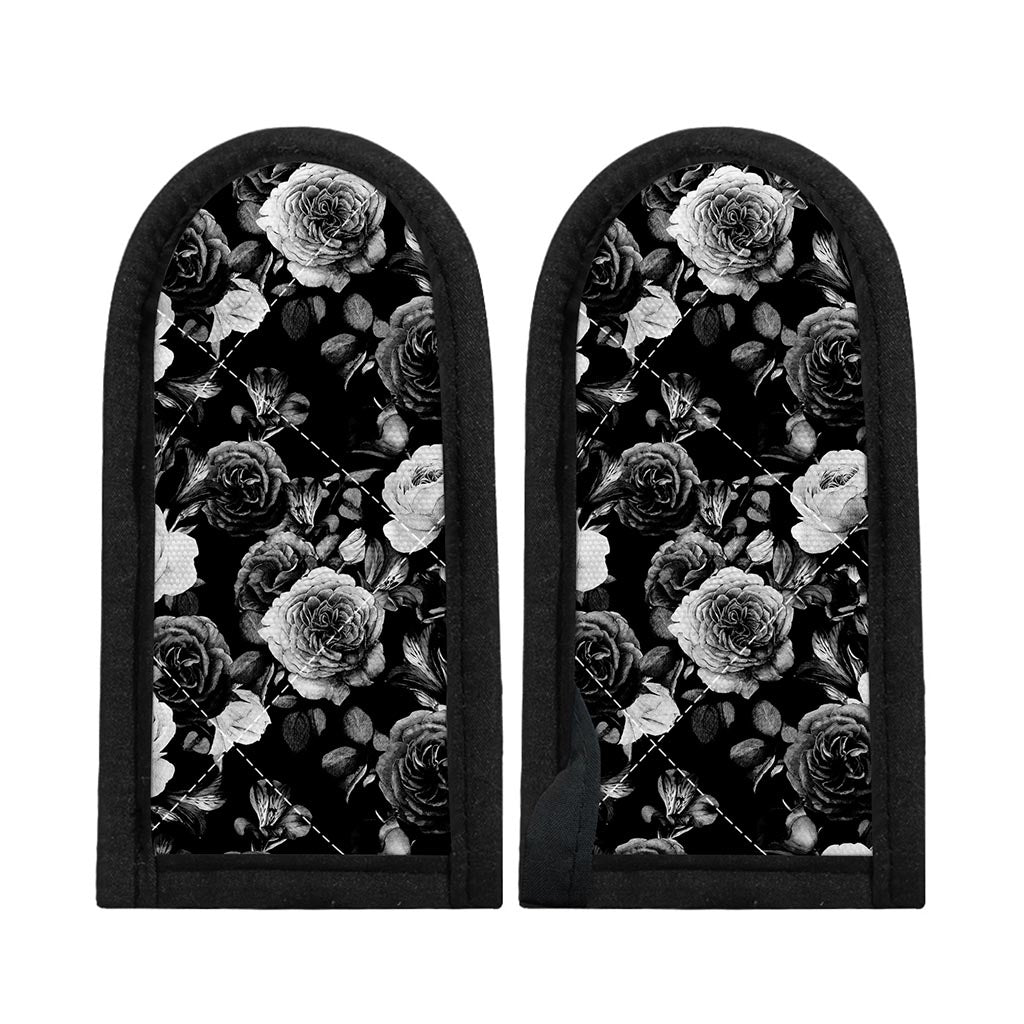 Black White Rose Floral Pattern Print Skillet Handle Cover