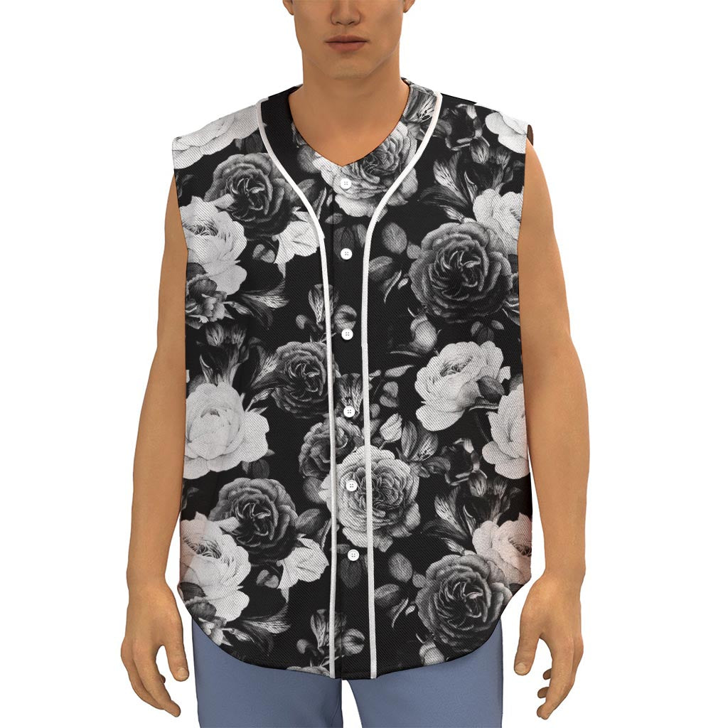 Black White Rose Floral Pattern Print Sleeveless Baseball Jersey