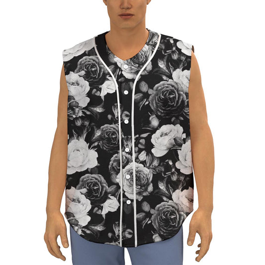 Black White Rose Floral Pattern Print Sleeveless Baseball Jersey