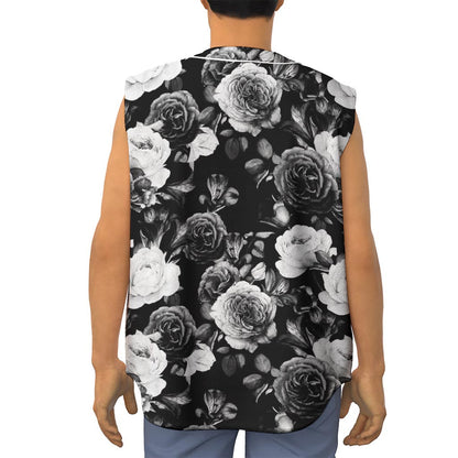 Black White Rose Floral Pattern Print Sleeveless Baseball Jersey