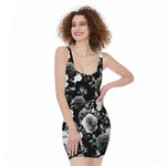 Black White Rose Floral Pattern Print Sleeveless Bodycon Dress