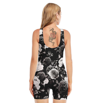 Black White Rose Floral Pattern Print Sleeveless One Piece Swimsuit