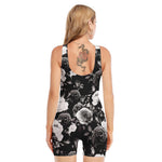 Black White Rose Floral Pattern Print Sleeveless One Piece Swimsuit
