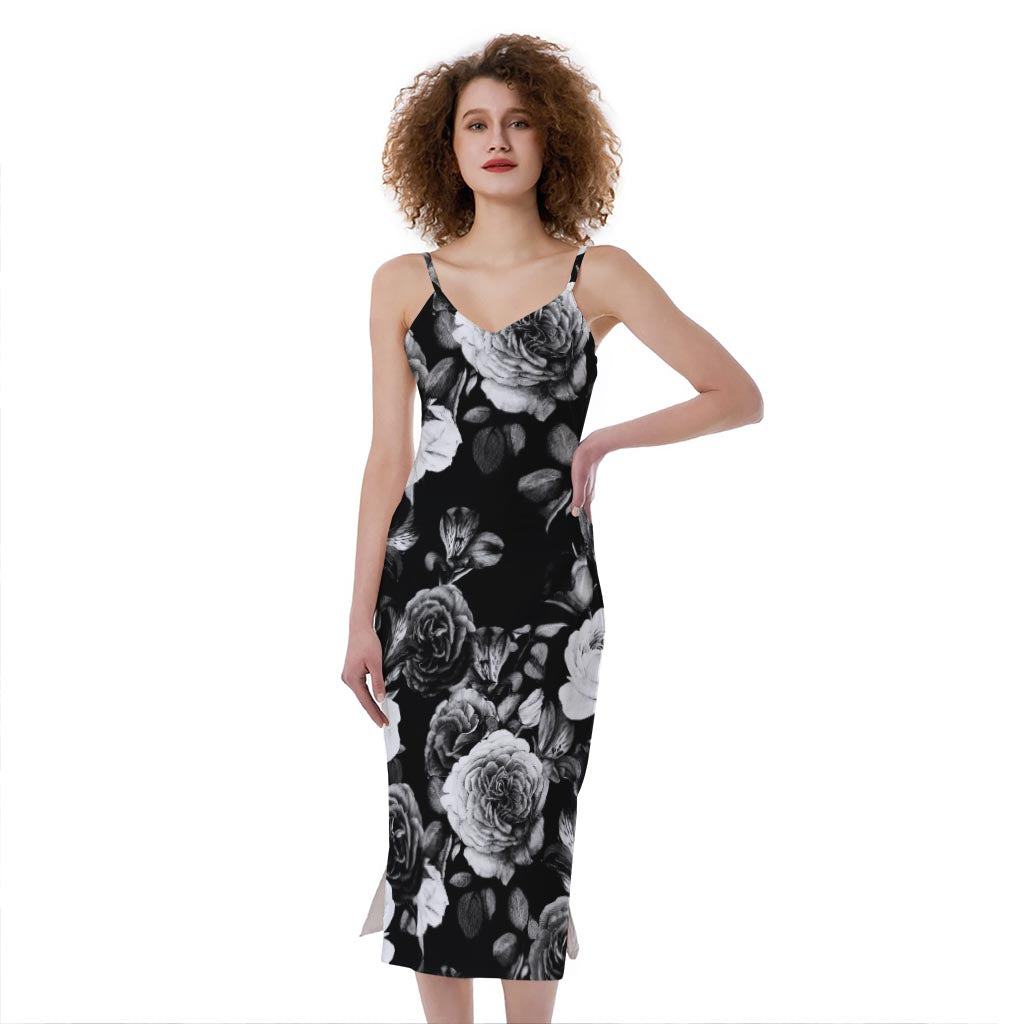 Black White Rose Floral Pattern Print Slim Fit Midi Cami Dress