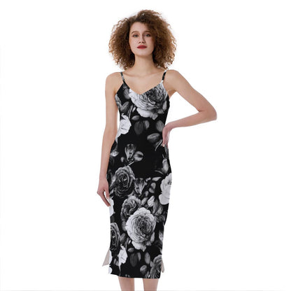 Black White Rose Floral Pattern Print Slim Fit Midi Cami Dress