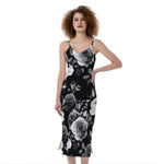 Black White Rose Floral Pattern Print Slim Fit Midi Cami Dress