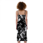 Black White Rose Floral Pattern Print Slim Fit Midi Cami Dress