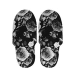 Black White Rose Floral Pattern Print Slippers