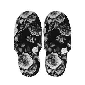 Black White Rose Floral Pattern Print Slippers