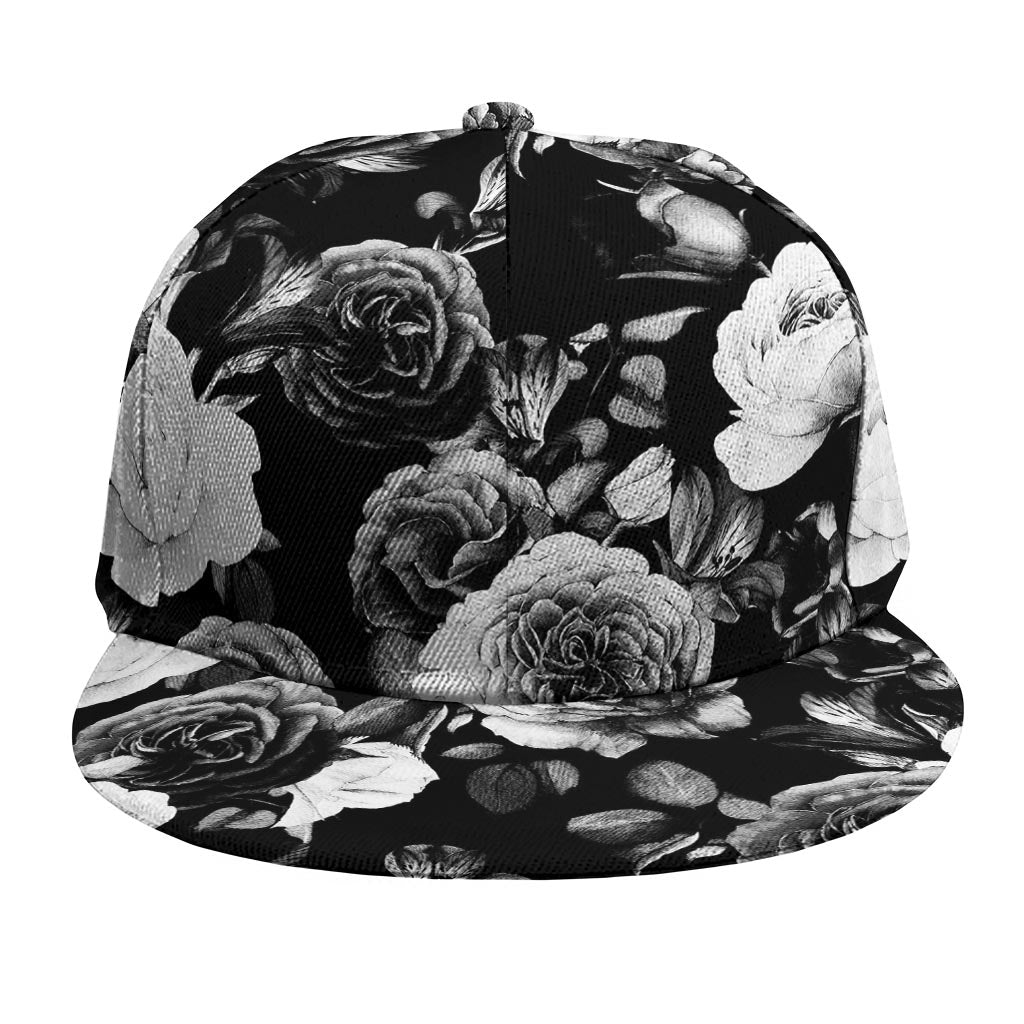 Black White Rose Floral Pattern Print Snapback Cap