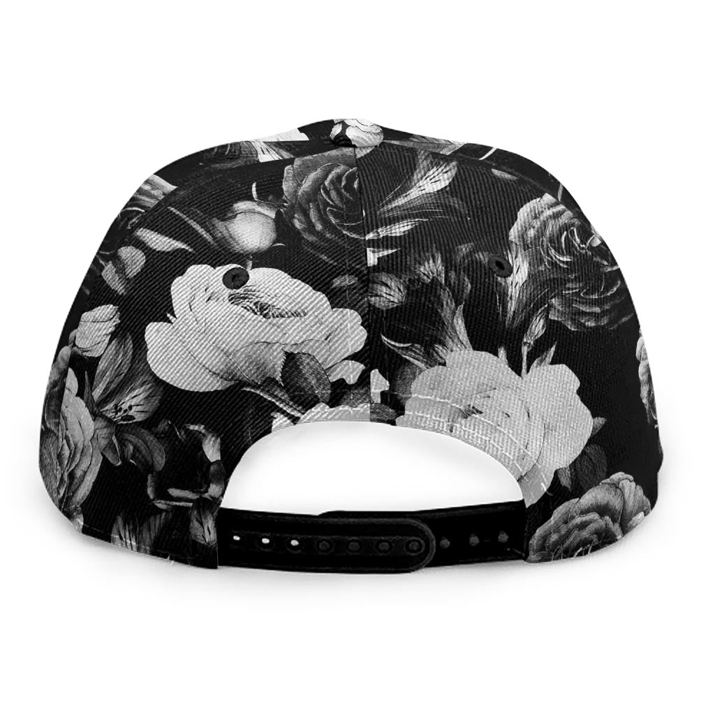 Black White Rose Floral Pattern Print Snapback Cap