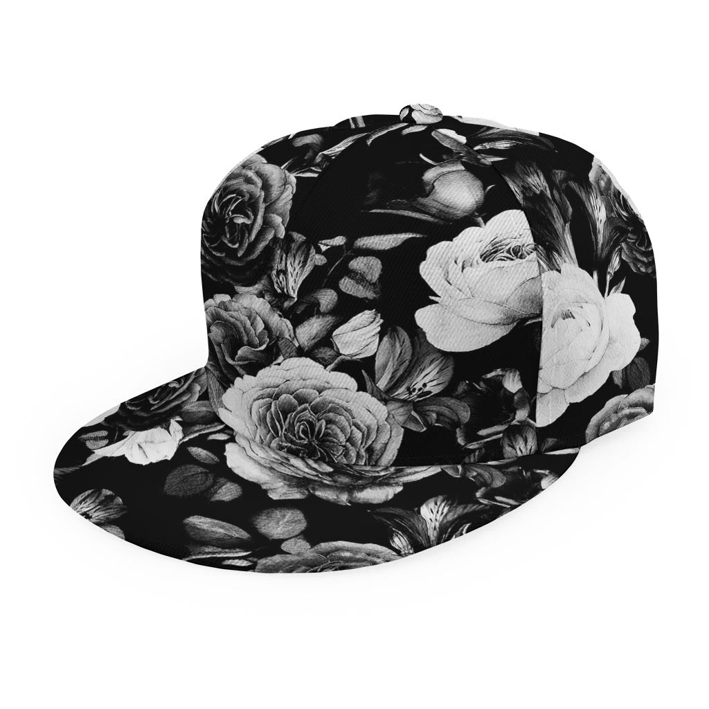 Black White Rose Floral Pattern Print Snapback Cap