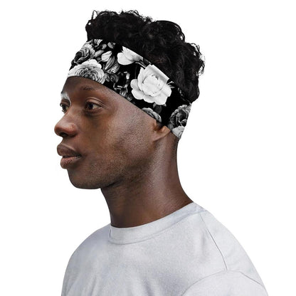Black White Rose Floral Pattern Print Sports Headband