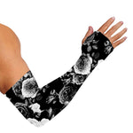 Black White Rose Floral Pattern Print Sun Protection Arm Sleeves