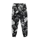 Black White Rose Floral Pattern Print Sweatpants
