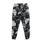Black White Rose Floral Pattern Print Sweatpants