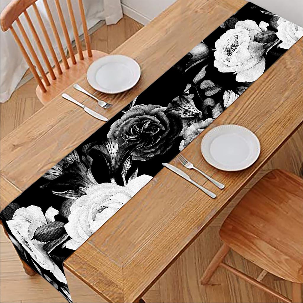 Black White Rose Floral Pattern Print Table Runner