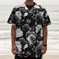 Black White Rose Floral Pattern Print Textured Short Sleeve Shirt