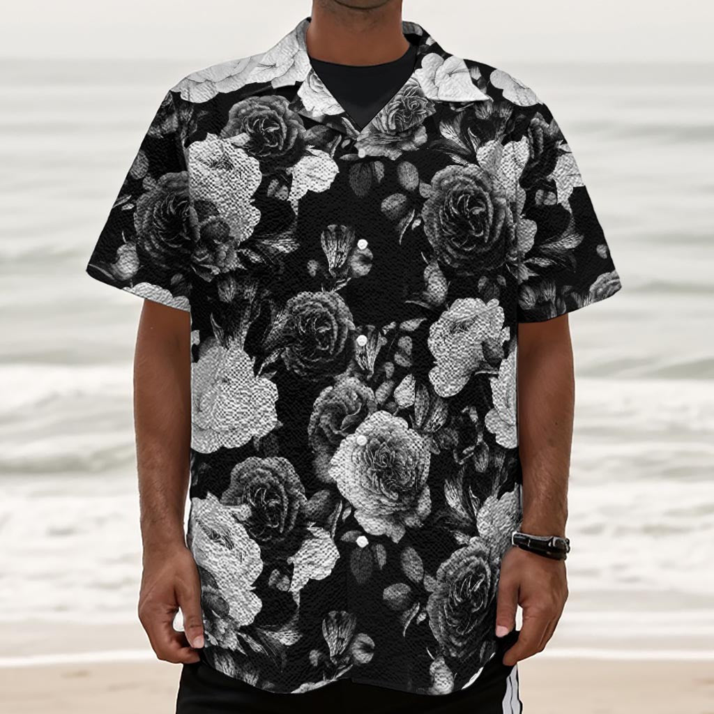 Black White Rose Floral Pattern Print Textured Short Sleeve Shirt