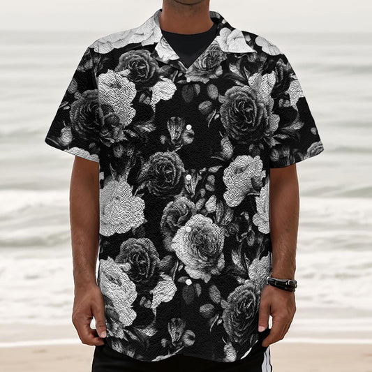 Black White Rose Floral Pattern Print Textured Short Sleeve Shirt
