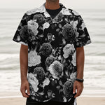 Black White Rose Floral Pattern Print Textured Short Sleeve Shirt