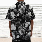 Black White Rose Floral Pattern Print Textured Short Sleeve Shirt
