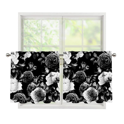 Black White Rose Floral Pattern Print Tier Curtains