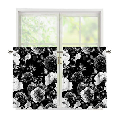 Black White Rose Floral Pattern Print Tier Curtains
