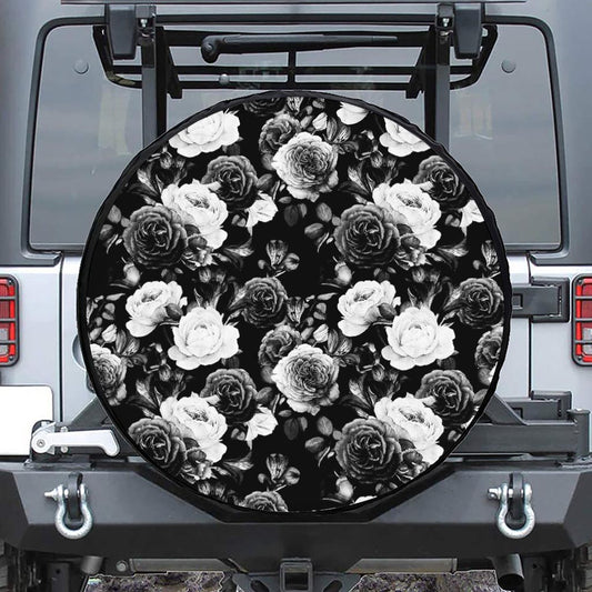 Black White Rose Floral Pattern Print Tire Cover