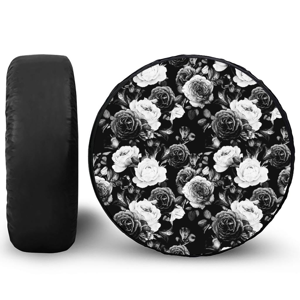 Black White Rose Floral Pattern Print Tire Cover