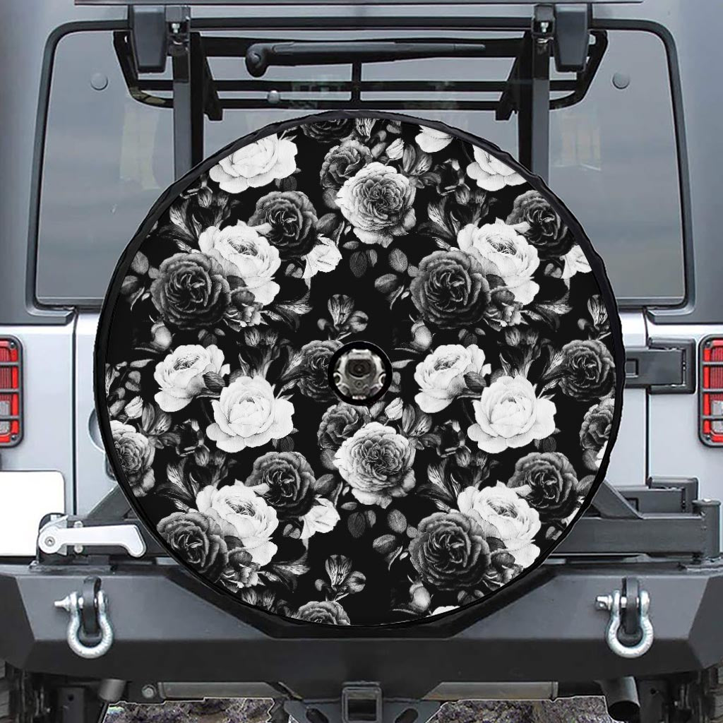 Black White Rose Floral Pattern Print Tire Cover With Camera Hole