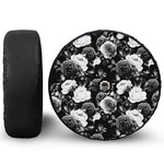 Black White Rose Floral Pattern Print Tire Cover With Camera Hole
