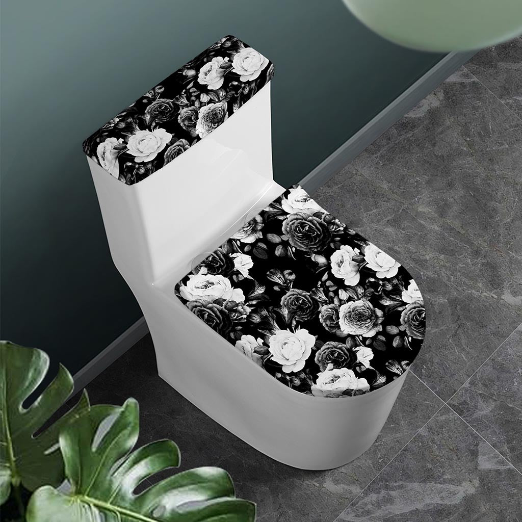 Black White Rose Floral Pattern Print Toilet Lid And Tank Cover Set